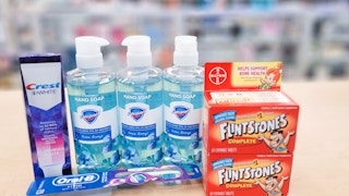 hand soap, crest toothpaste, oral-b toothbrush, abd flintstones vitamins