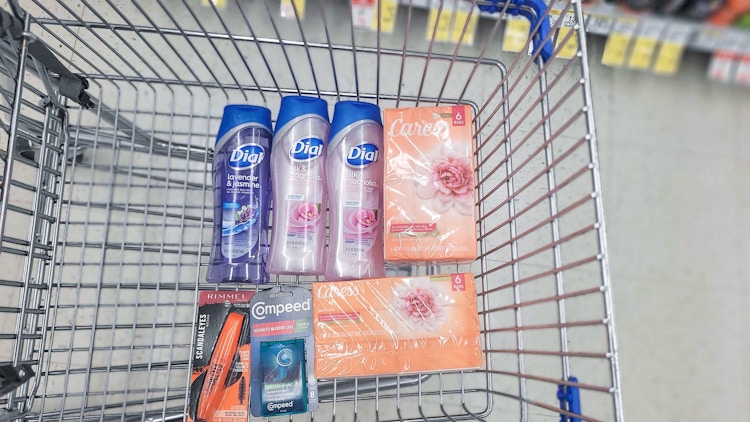Caress soap, dial body wash, compeed blister care, and rimmel mascara