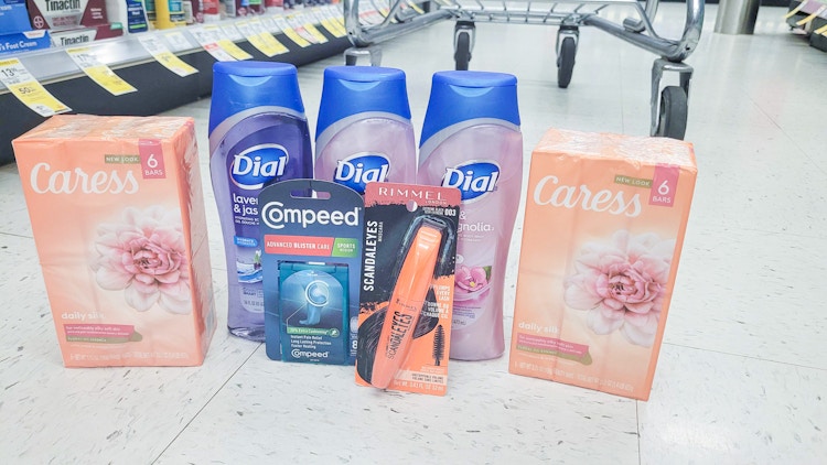 Caress soap, dial body wash, compeed blister care, and rimmel mascara