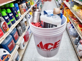 5-gallon Ace Hardware bucket filled with Glade, Method, and Ace brand products.