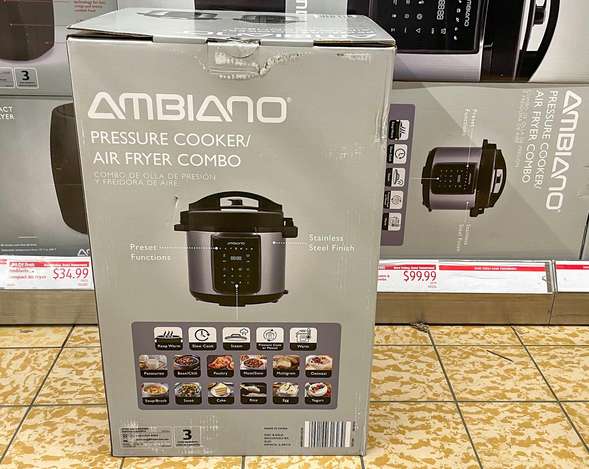 pressure cooker air fryer combo in a box on the sales floor at aldi