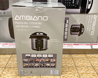 pressure cooker air fryer combo in a box on the sales floor at aldi