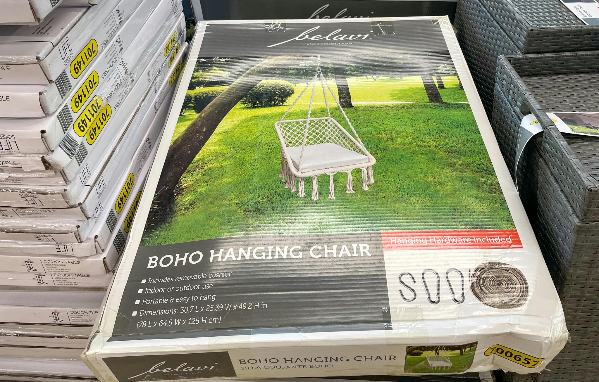 hanging chair in a box on a shelf at aldi
