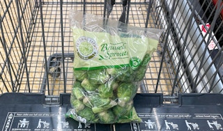 packaged brussel sprouts in a cart at aldi