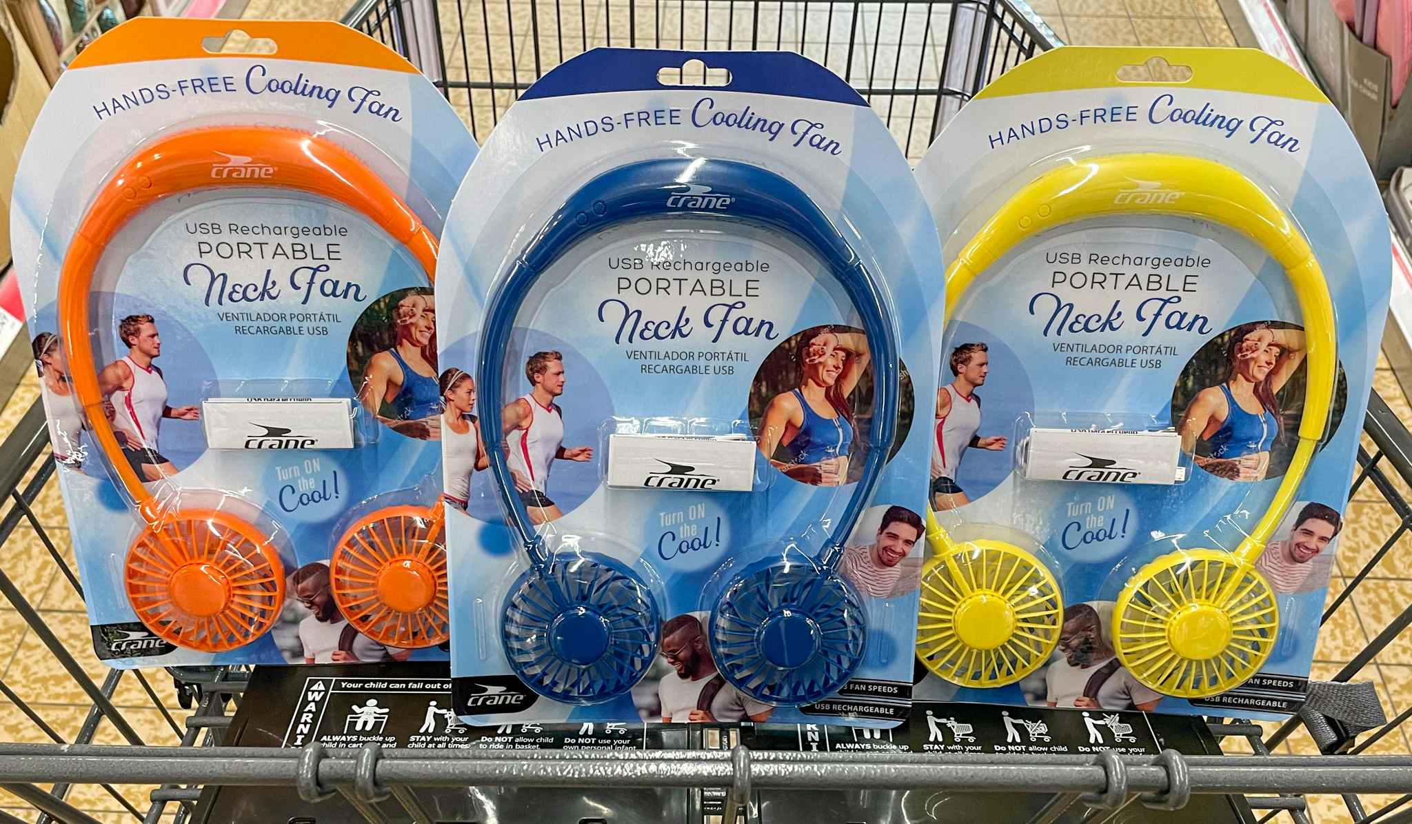 portable neck fan in package in a cart at aldi