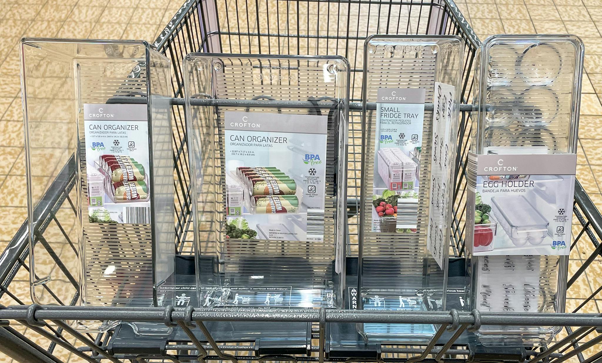 fridge trays in a cart at Aldi
