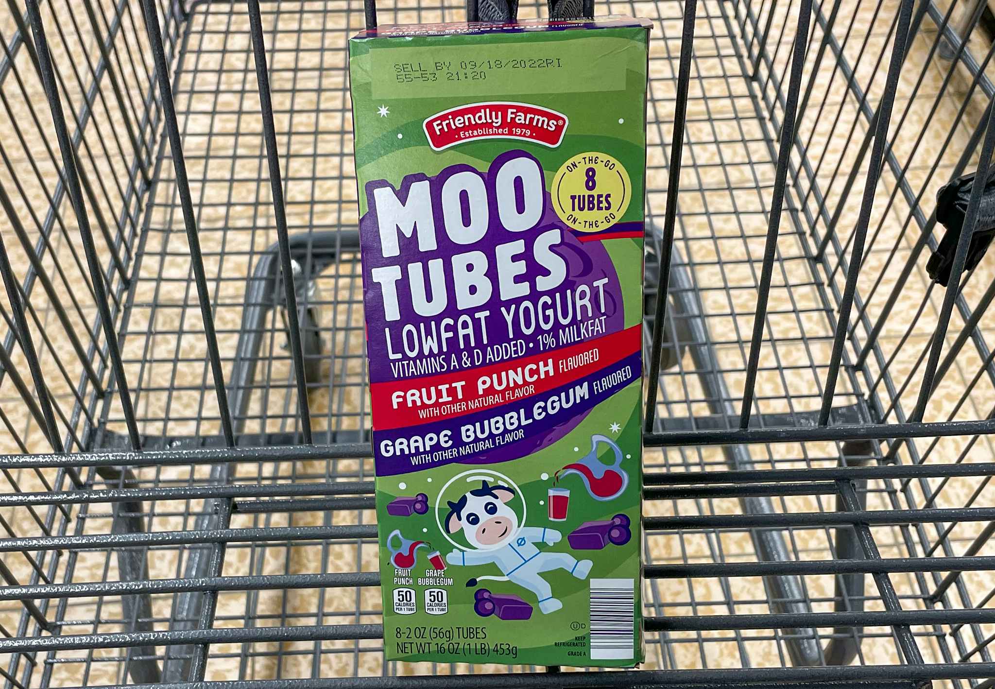 moo tube yogurts in a box in a cart at aldi 