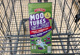 moo tube yogurts in a box in a cart at aldi 