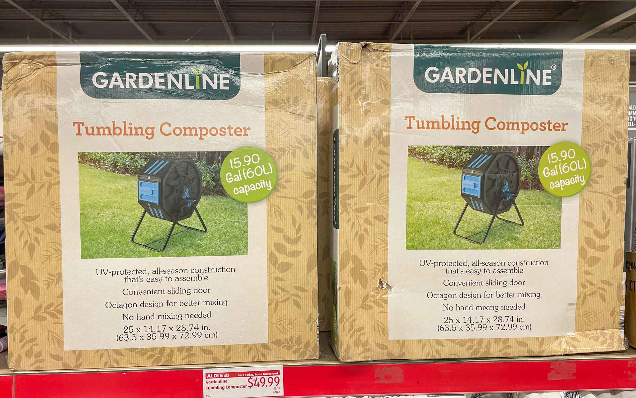 composter in a box on a shelf with sales sign at aldi