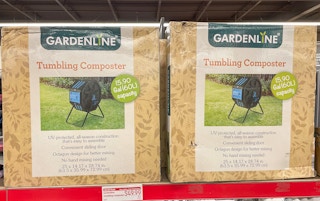 composter in a box on a shelf with sales sign at aldi
