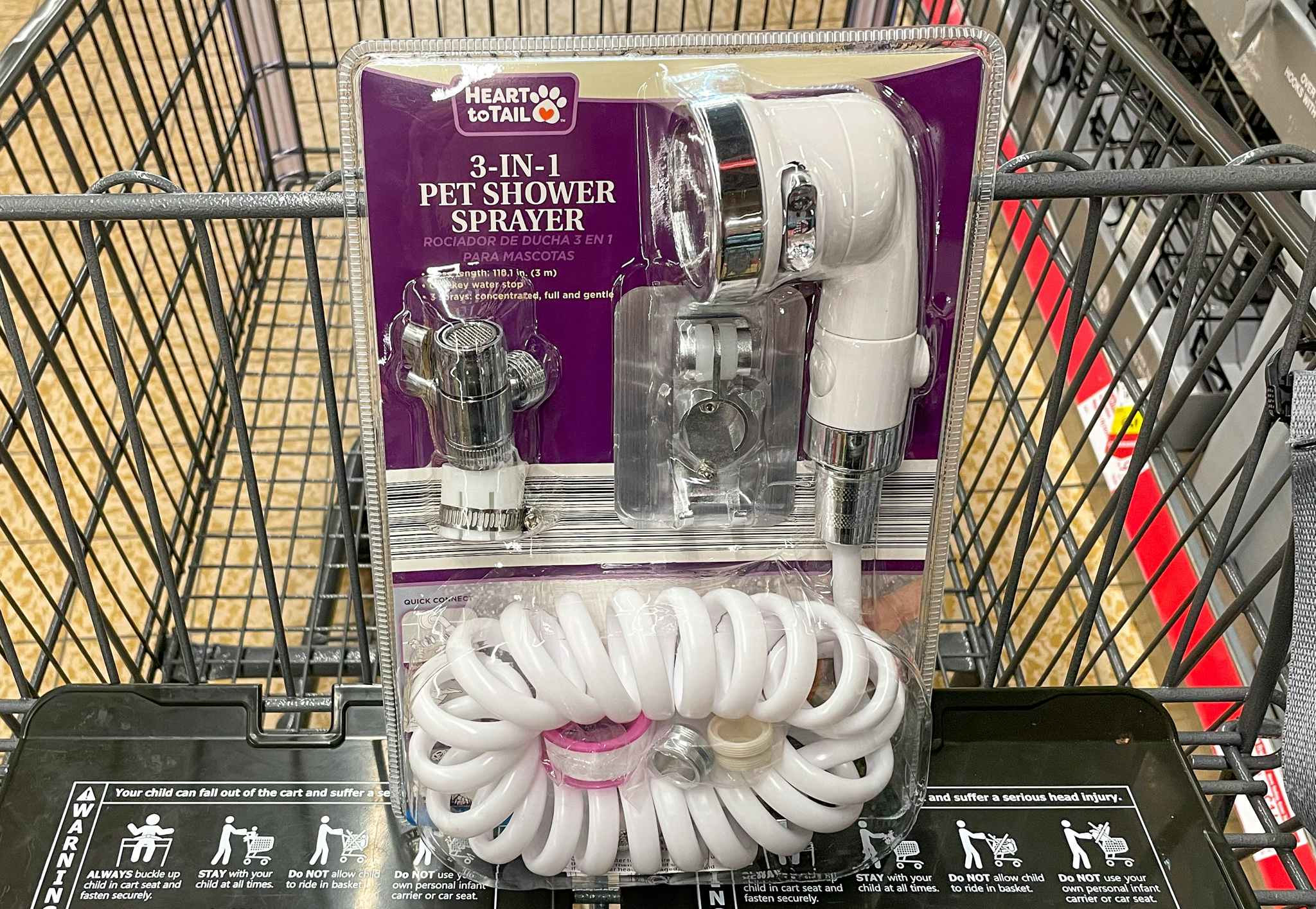 pet shower sprayer in package in a cart at aldi