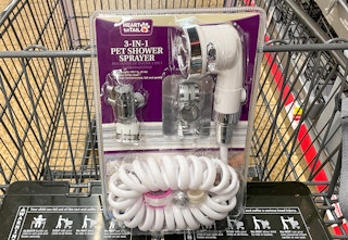 pet shower sprayer in package in a cart at aldi
