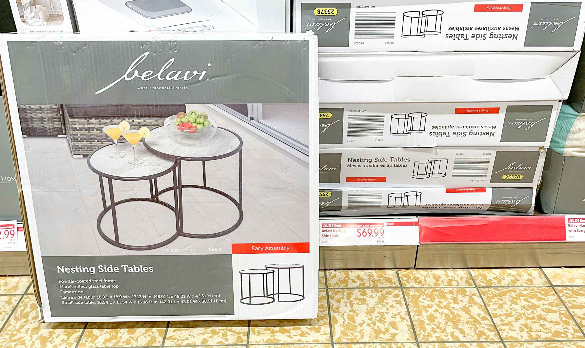 nesting side tables on the sale floor near the sale sign at aldi