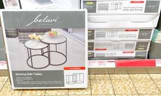 nesting side tables on the sale floor near the sale sign at aldi