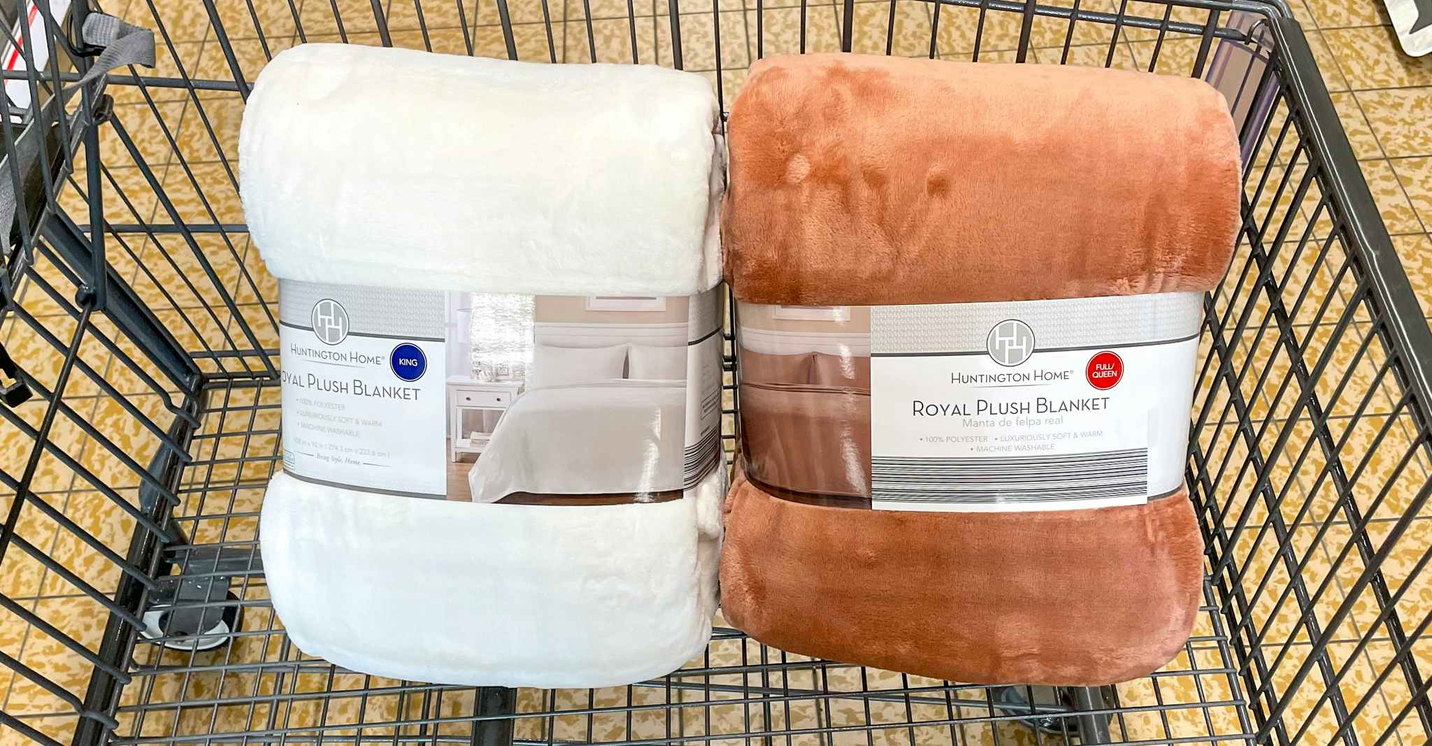 plush blankets in a cart at aldi