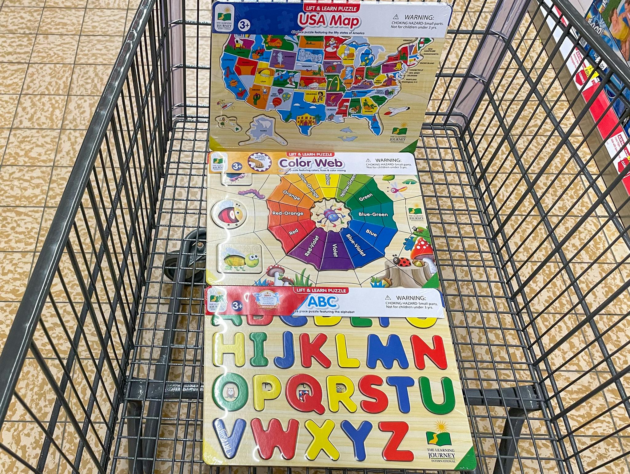 puzzles in a cart at aldi