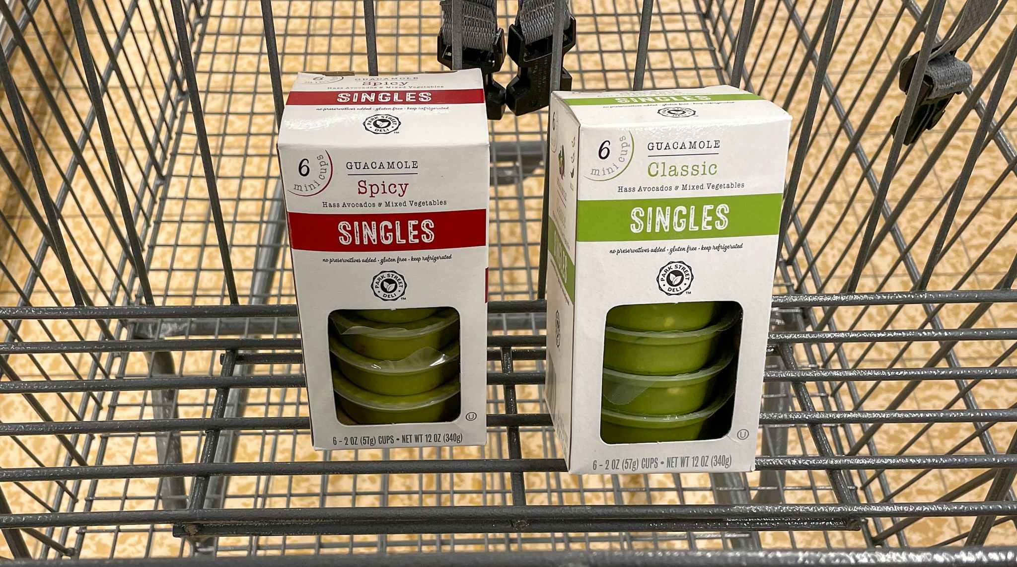 guacamole mini cups in package in a cart at aldi