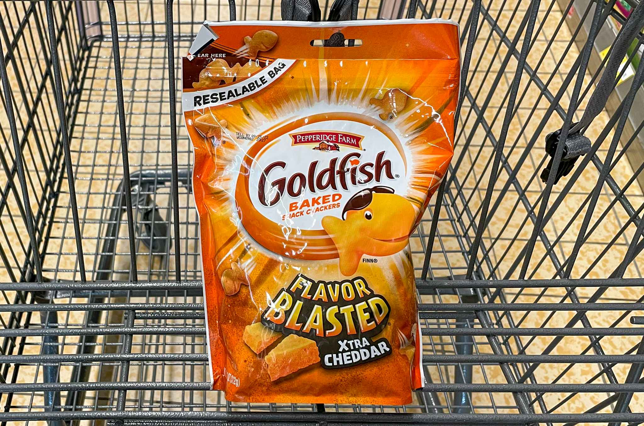 goldfish in a package in a cart at aldi