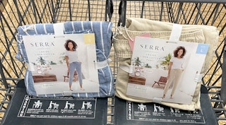 linen pants in a cart at aldi