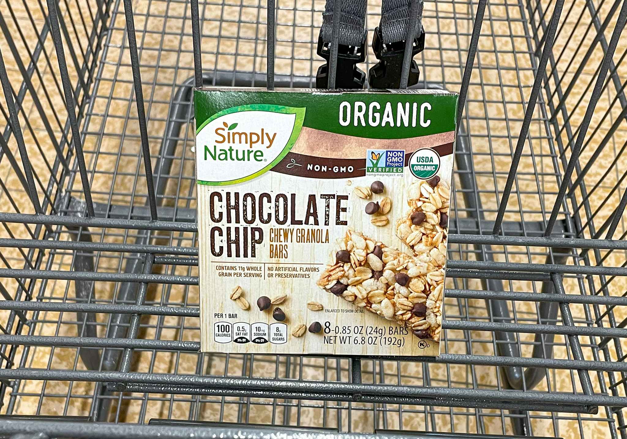 organic chocolate chips granola bars in a box in a cart at aldi 