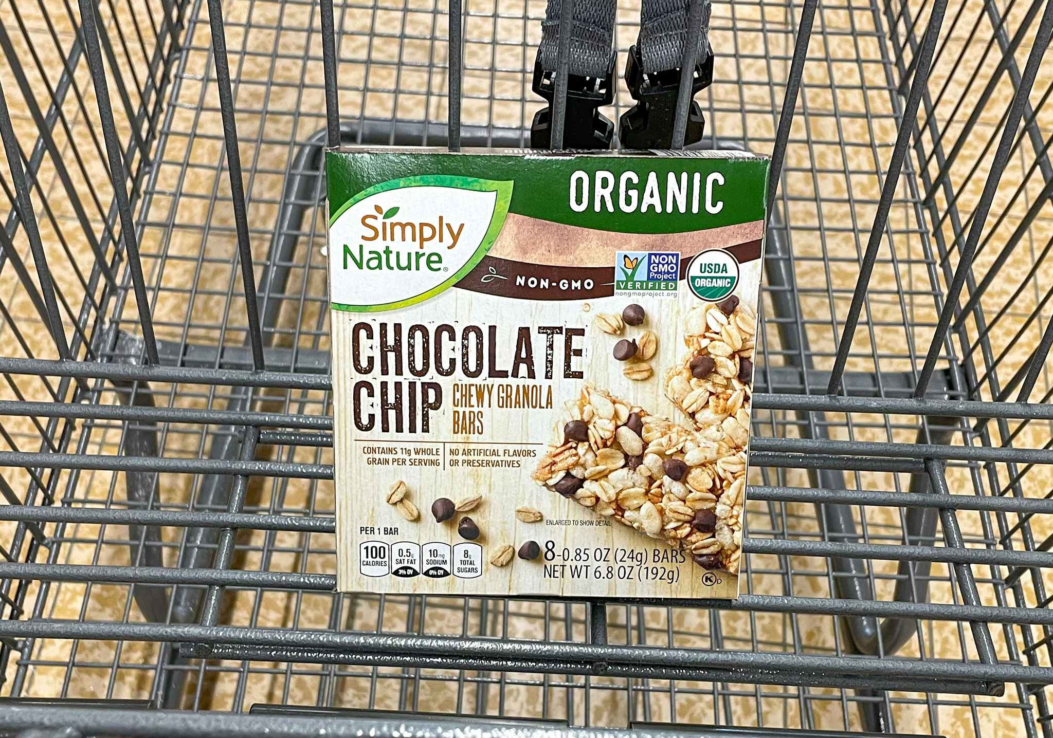 organic chocolate chips granola bars in a box in a cart at aldi
