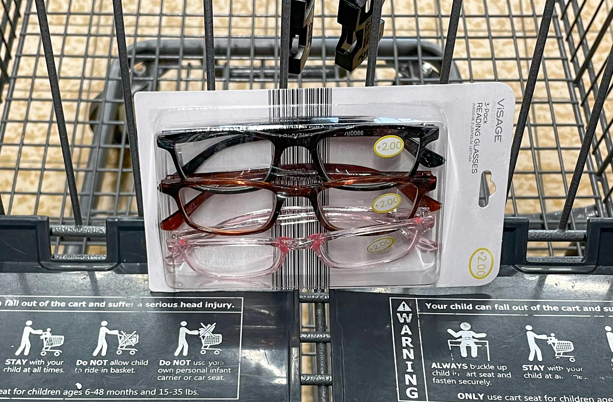 reading glasses in a cart at aldi