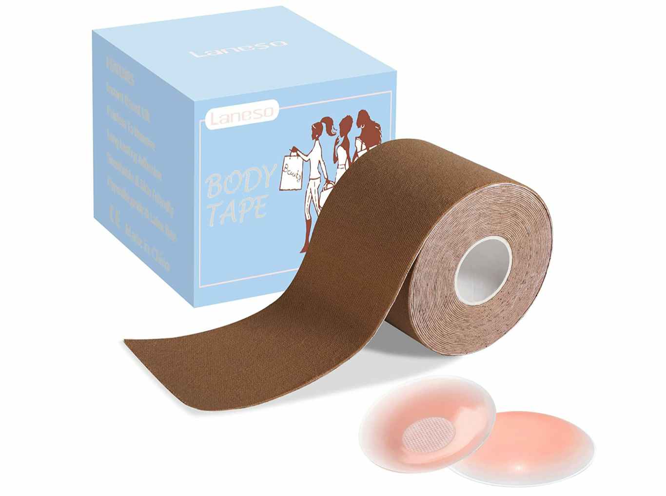 Boob tape roll and nipple covers on a white background