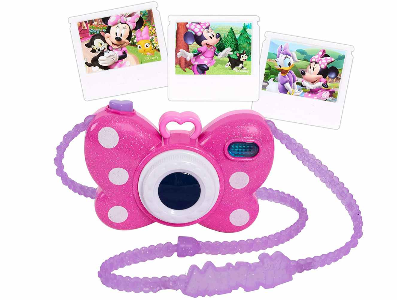 Pink bow camera and Minnie Mouse photos on a white background