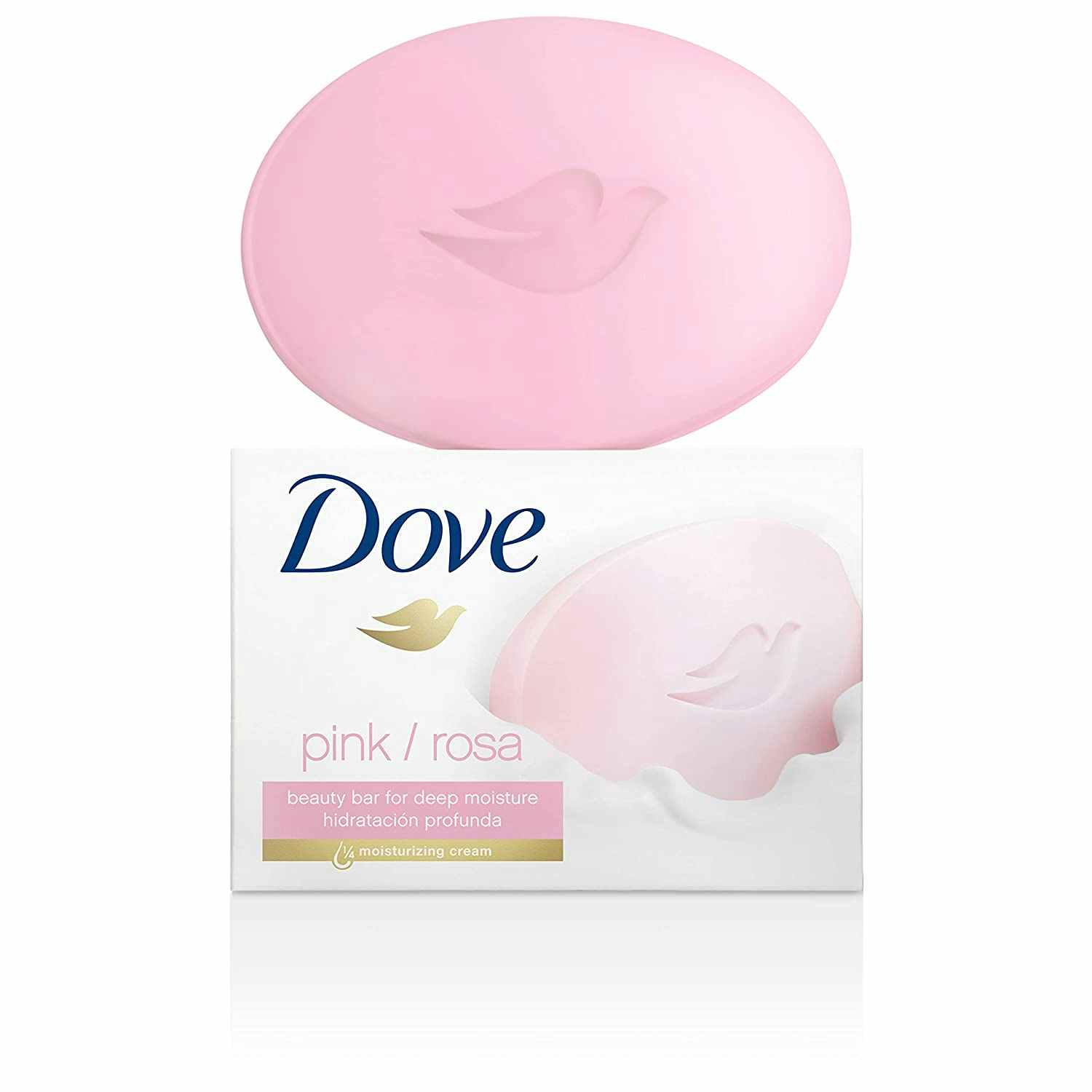 A pink Dove beauty bar out of a box.