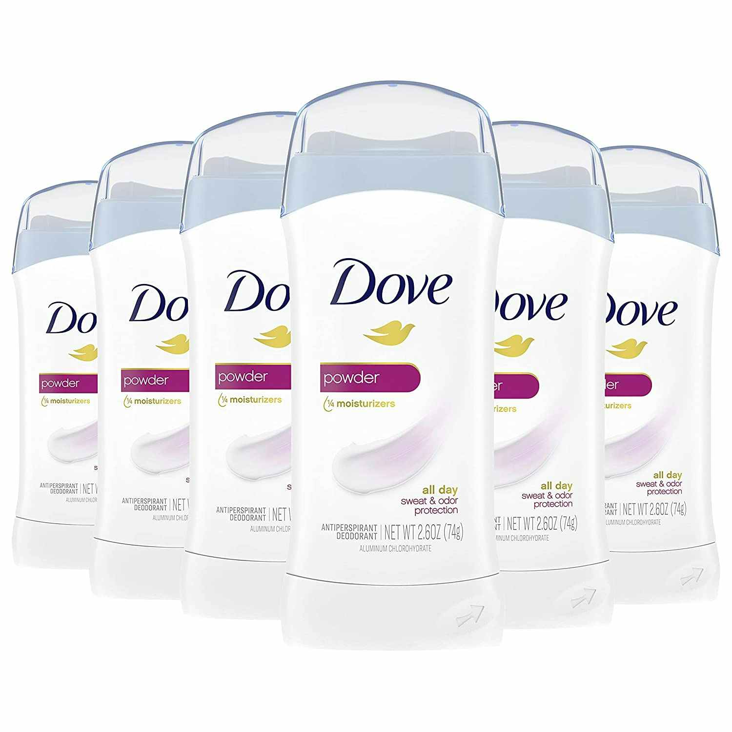 A pack of six Dove deodorants in front of a white background.