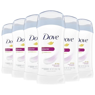 A pack of six Dove deodorants in front of a white background.