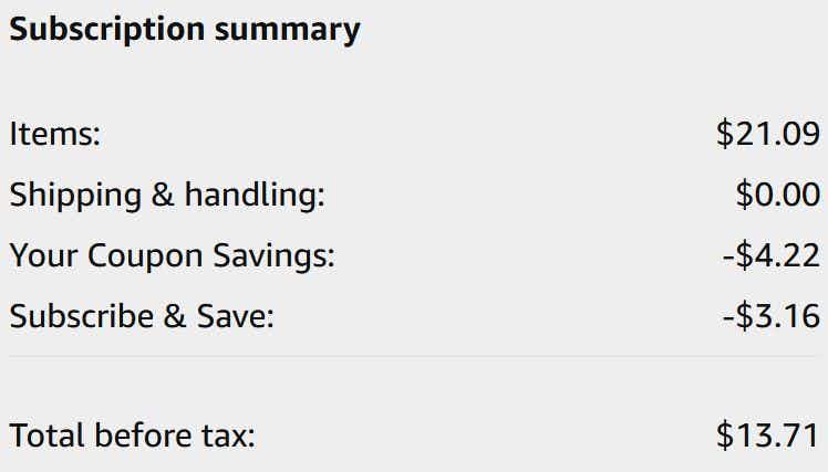 An Amazon subscription summary ending in $13.71.
