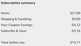 An Amazon subscription summary ending in $13.71.