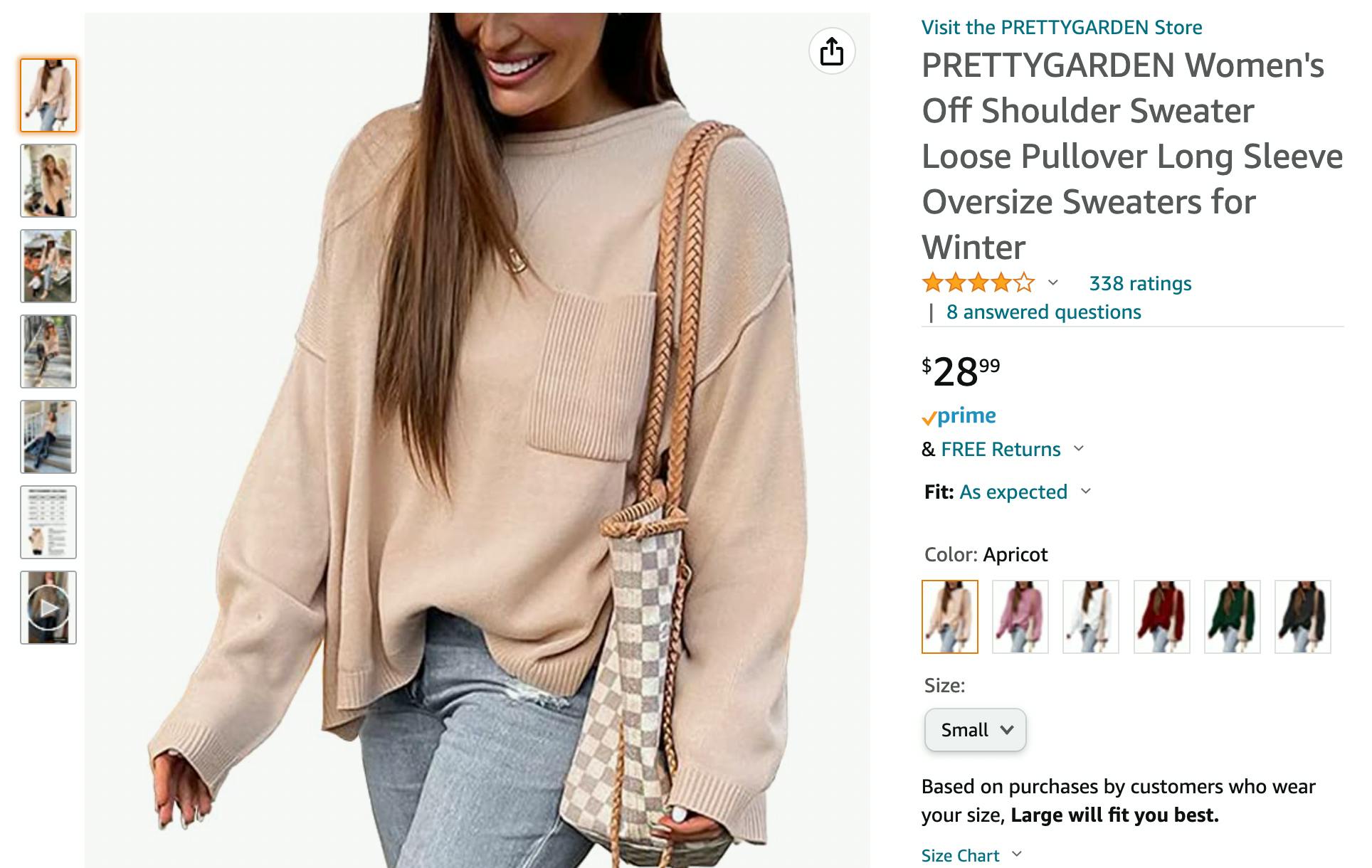 A screenshot of a product page from Amazon's website showing a sweater priced at $28.99
