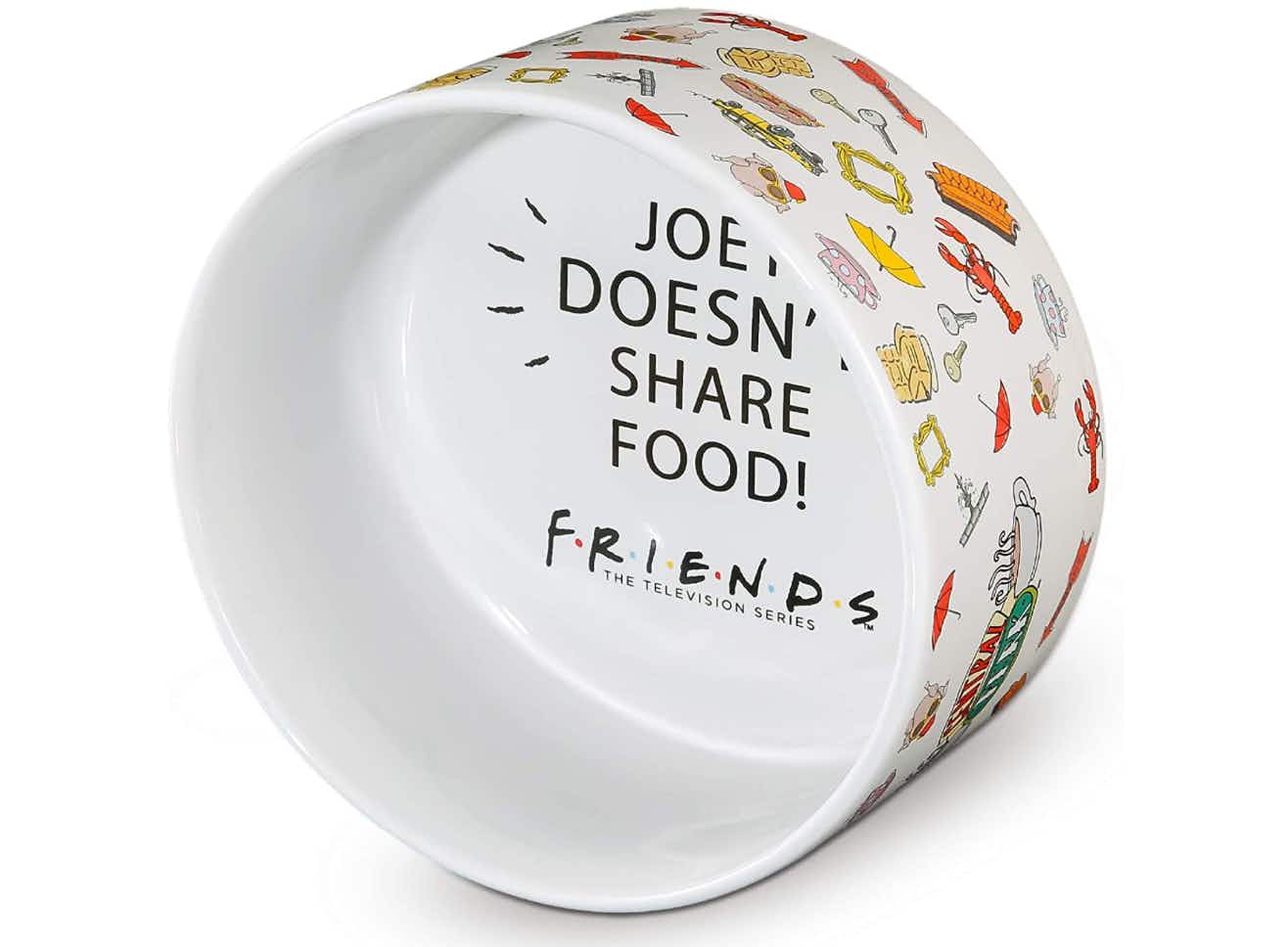 Friends themed dog bowl on a white background