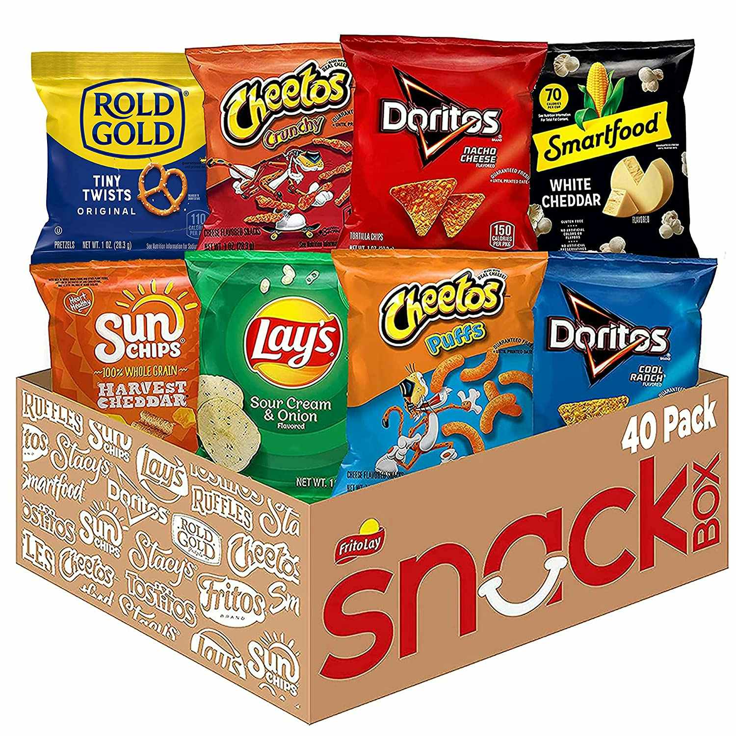 A box of 40 Frito-Lay snacks bags.