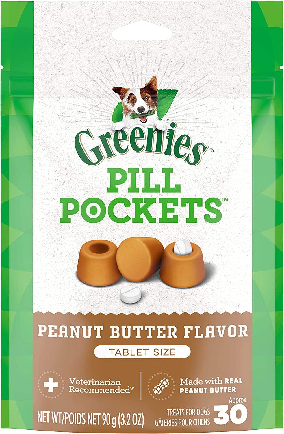 A packet of Greenies Pill Pockets in the peanut butter flavor.