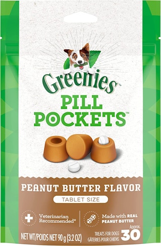 A packet of Greenies Pill Pockets in the peanut butter flavor.