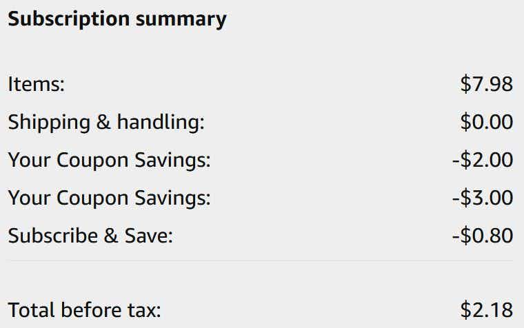 An Amazon subscription summary ending in $2.18.