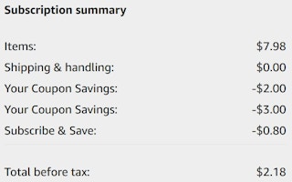 An Amazon subscription summary ending in $2.18.