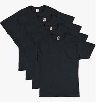 Black t-shirts stacked on a white background