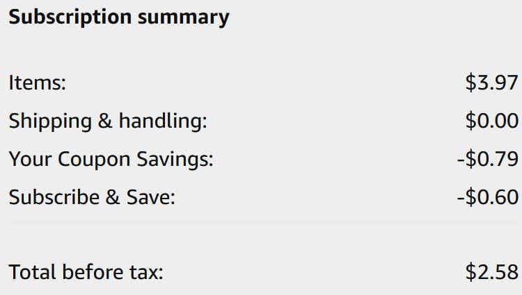 An Amazon subscription summary ending in $2.58.