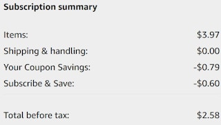 An Amazon subscription summary ending in $2.58.