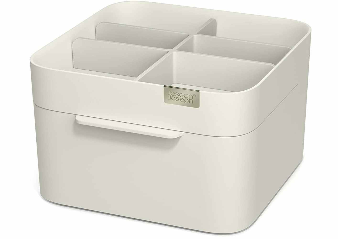 Beige makeup organizer on a white background
