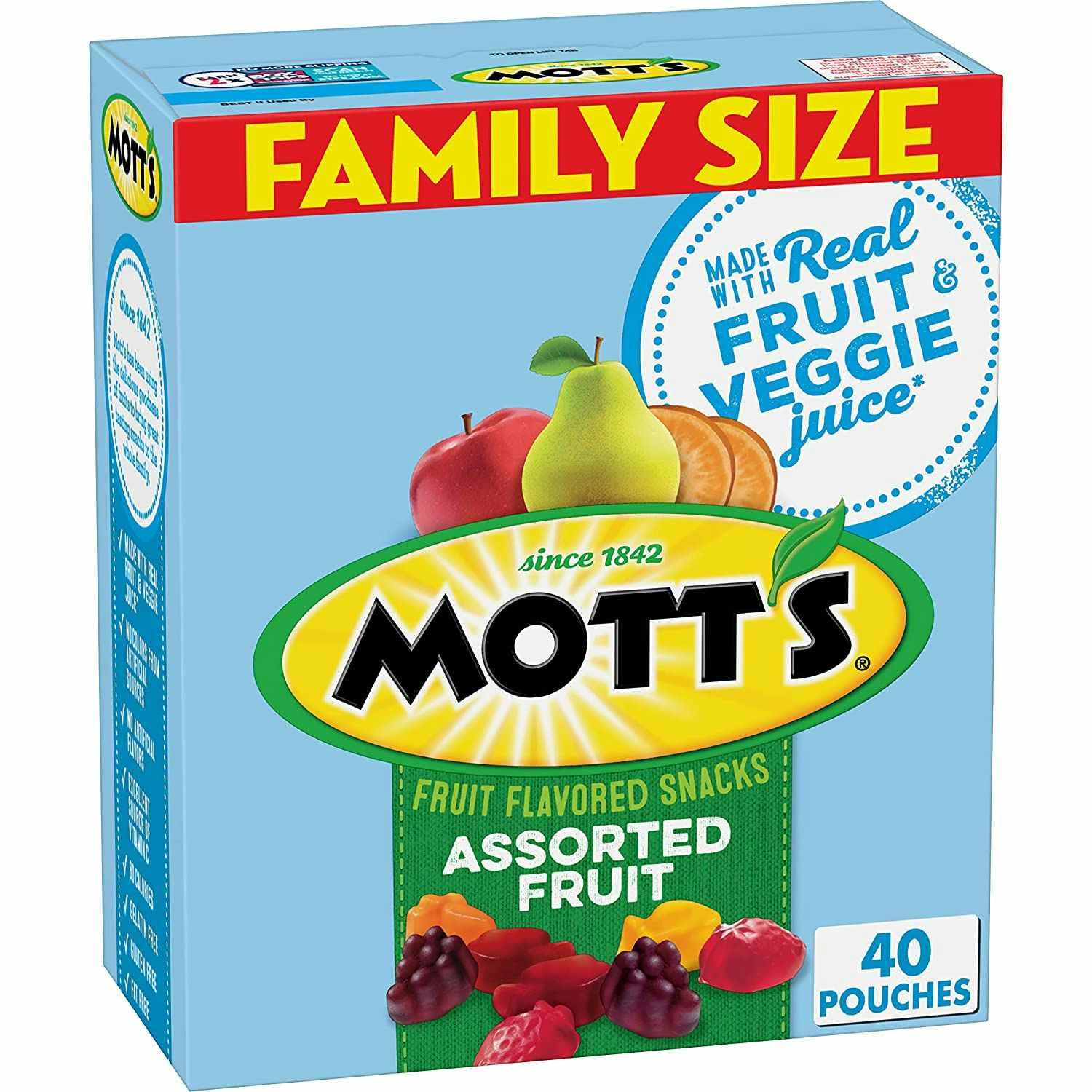 A box of Mott's family size fruit snacks.