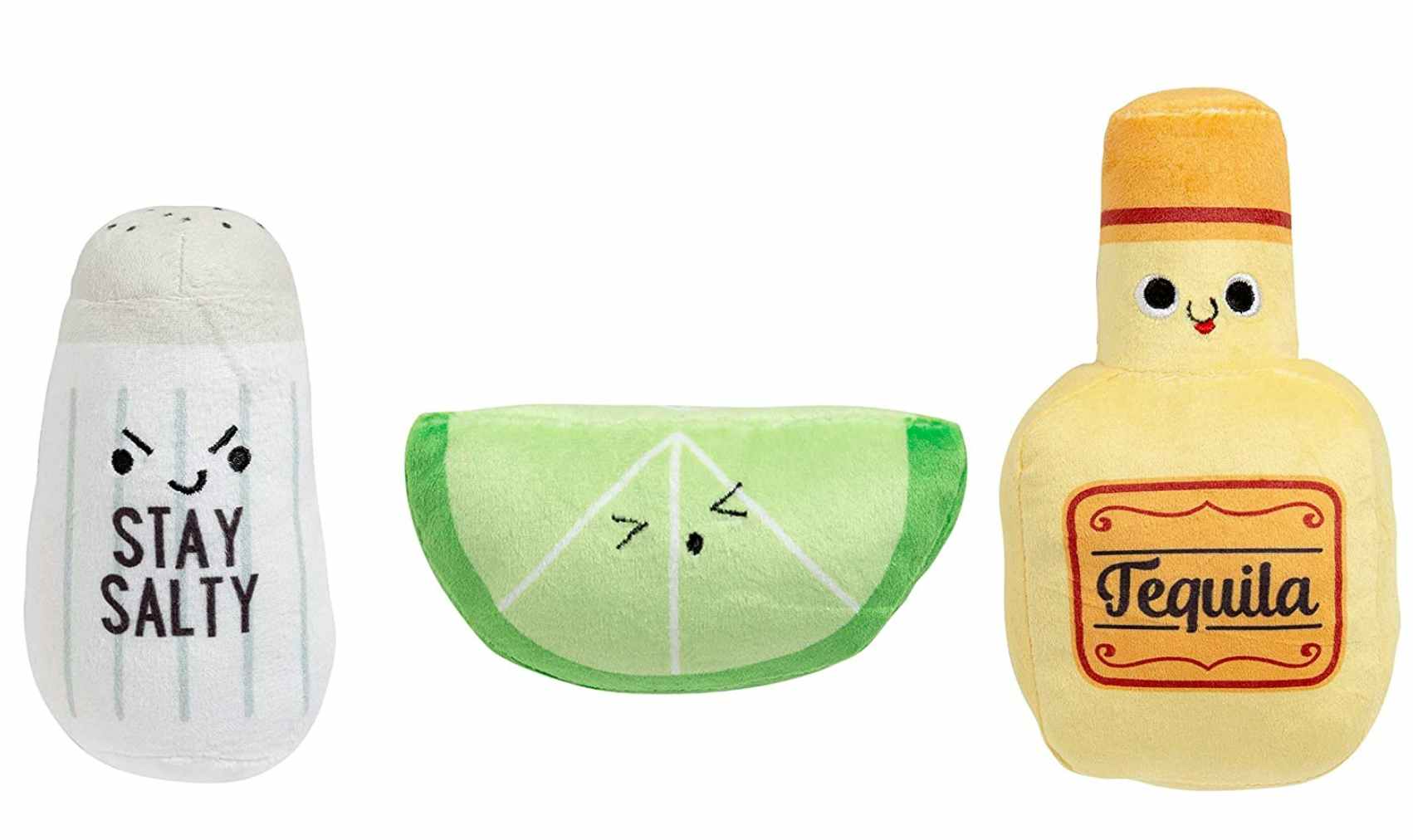 Salt shaker, lime, and tequila dog toys