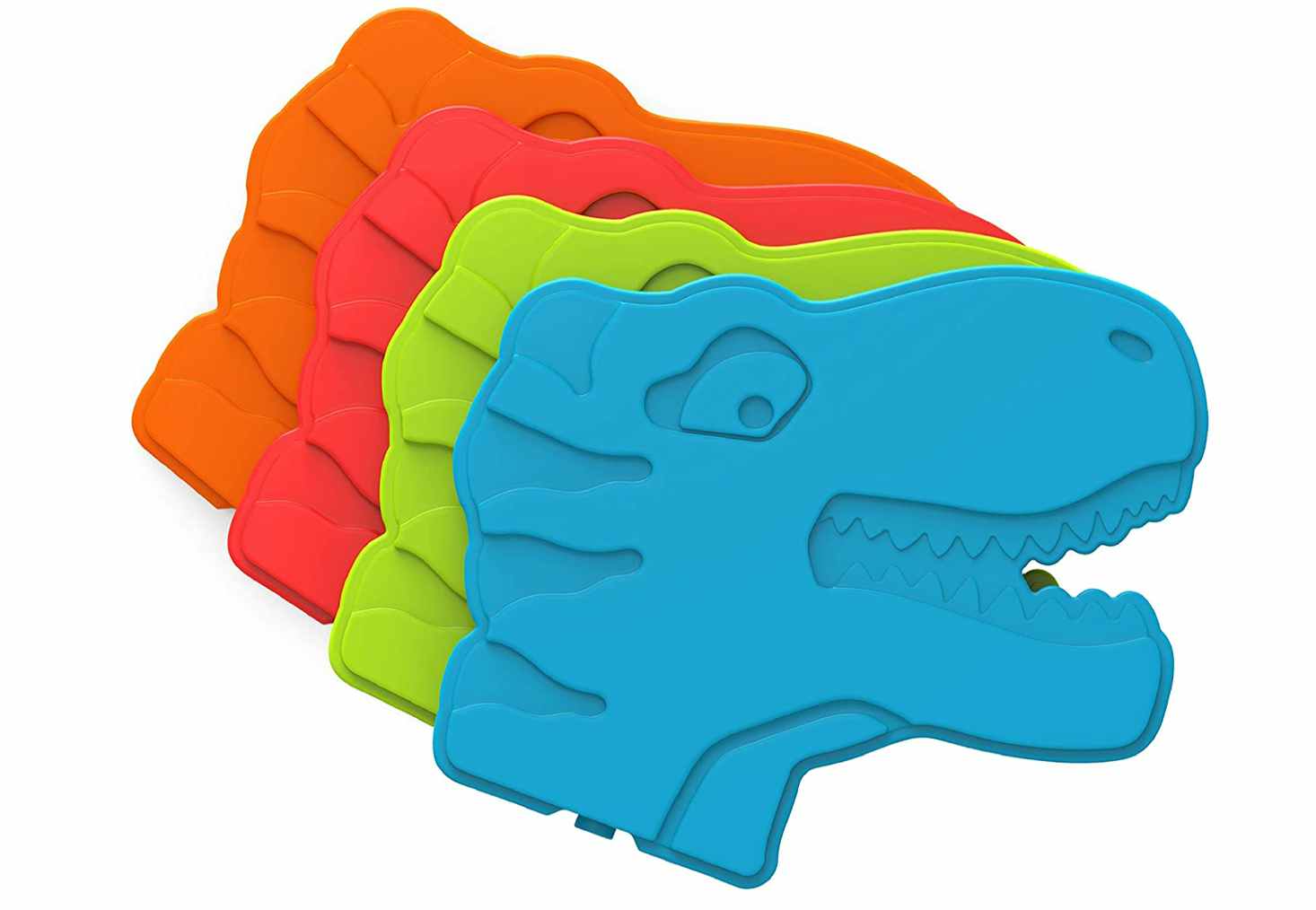Colorful dinosaur ice packs on a white background