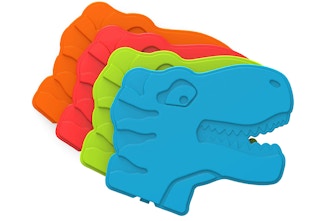 Colorful dinosaur ice packs on a white background