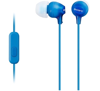 Blue Sony earbuds on a white background