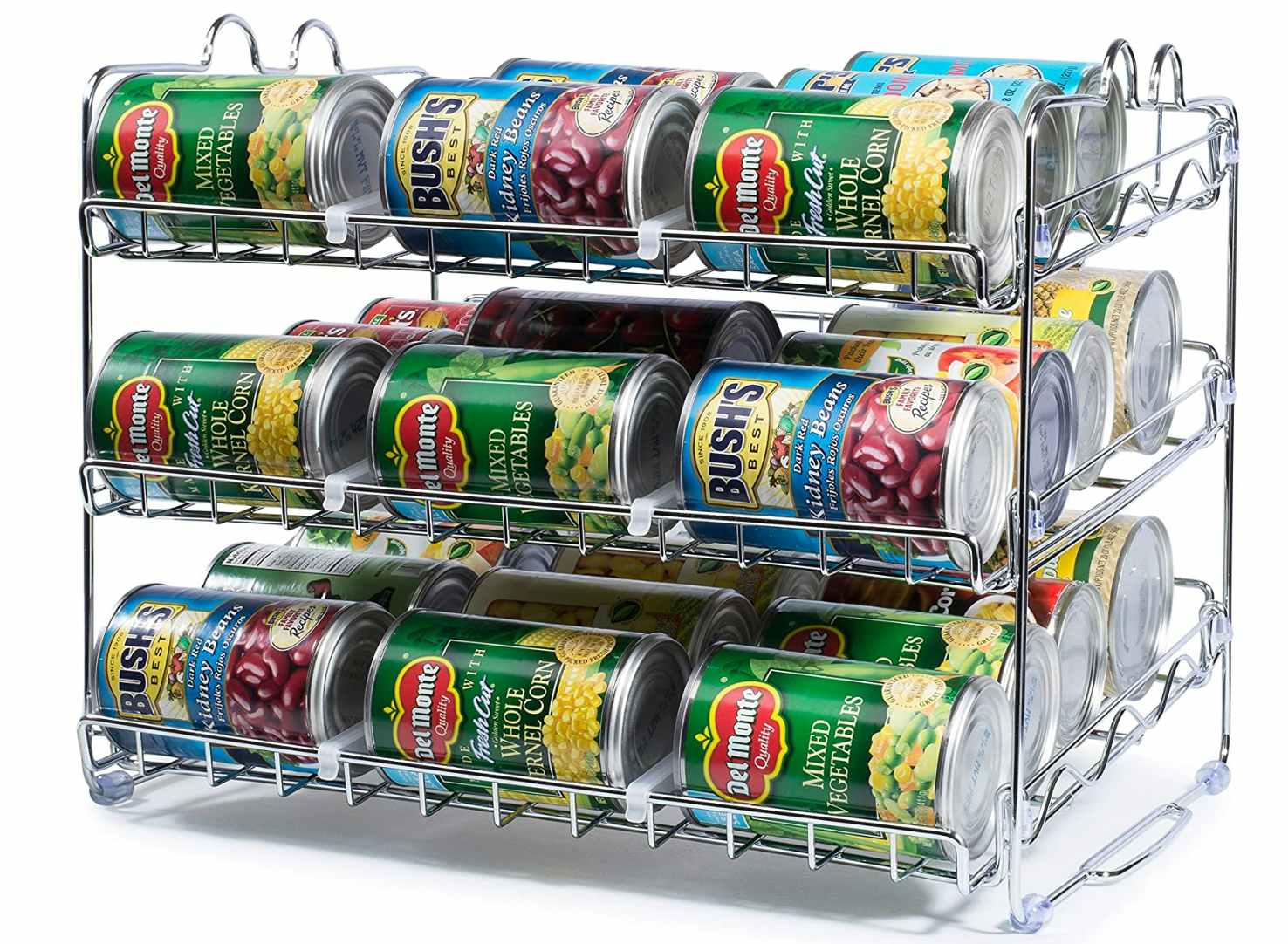 A silver rack full of cans